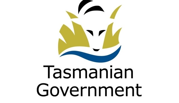 Logo of the Tasmanian Government featuring a stylized Tasmanian tiger in white with green leaves and a blue wave. The text Tasmanian Government is below the image.