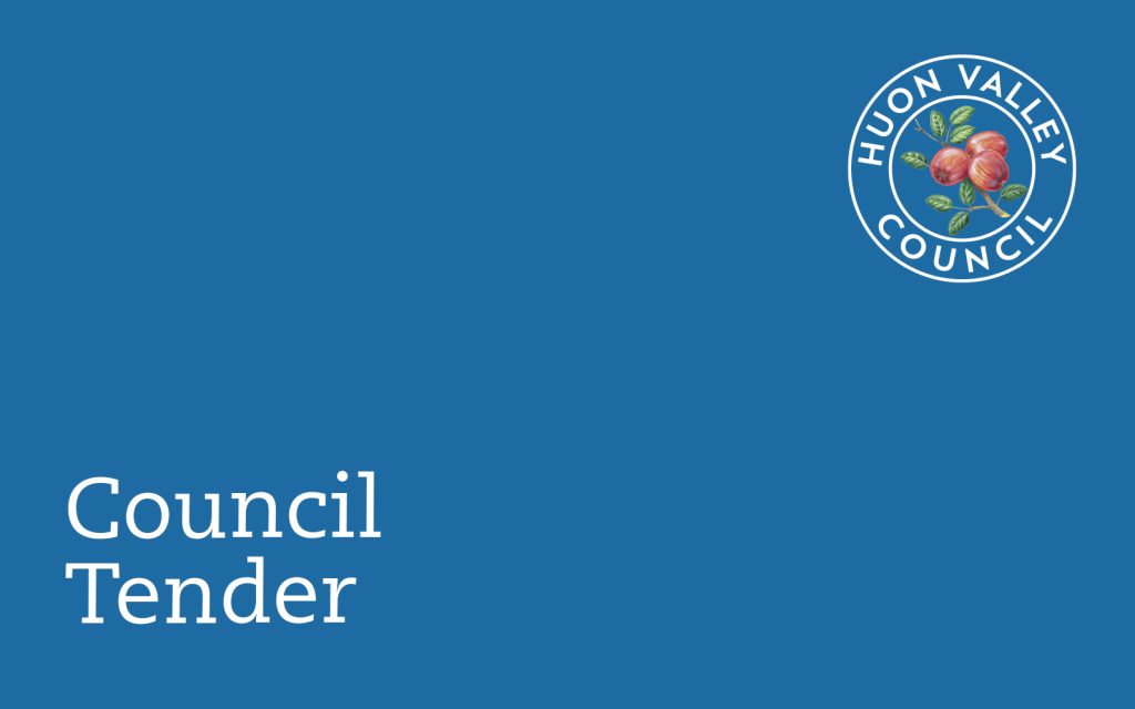Blue background with Council Tender written on the left. The top right corner has a circular logo featuring the text Huon Valley Council around an image of apples and leaves.