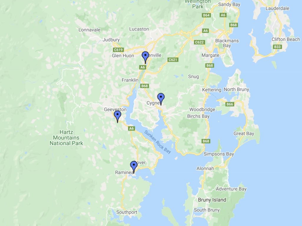 Map of Tasmanias southern region showing pinned locations: Glen Huon, Ranelagh, Geeveston, Dover, and Cygnet. Geographic features include Bruny Island, Snug, and Hartz Mountains National Park. Major roads and waterways are visible.