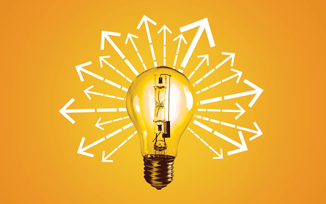 A glowing light bulb is centered on an orange background, surrounded by multiple white arrows pointing outward in all directions, symbolizing ideas and innovation.