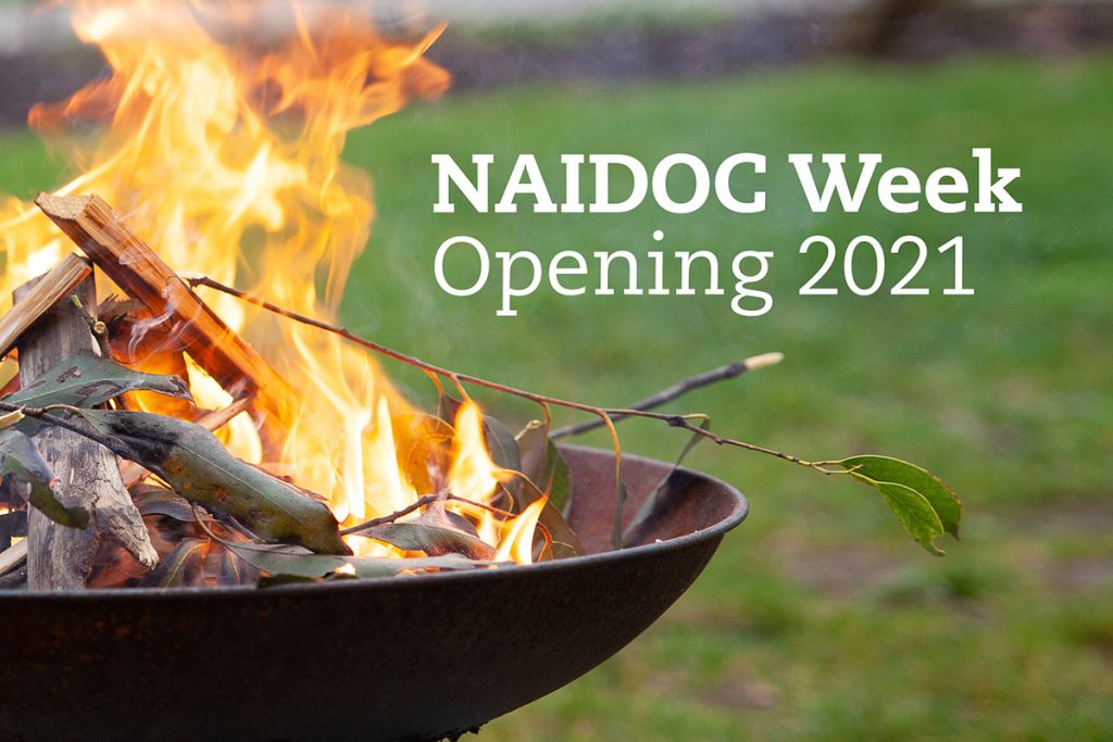A close-up of a fire pit with flames and a branch, labeled NAIDOC Week Opening 2021 in white text. The background shows blurred greenery.