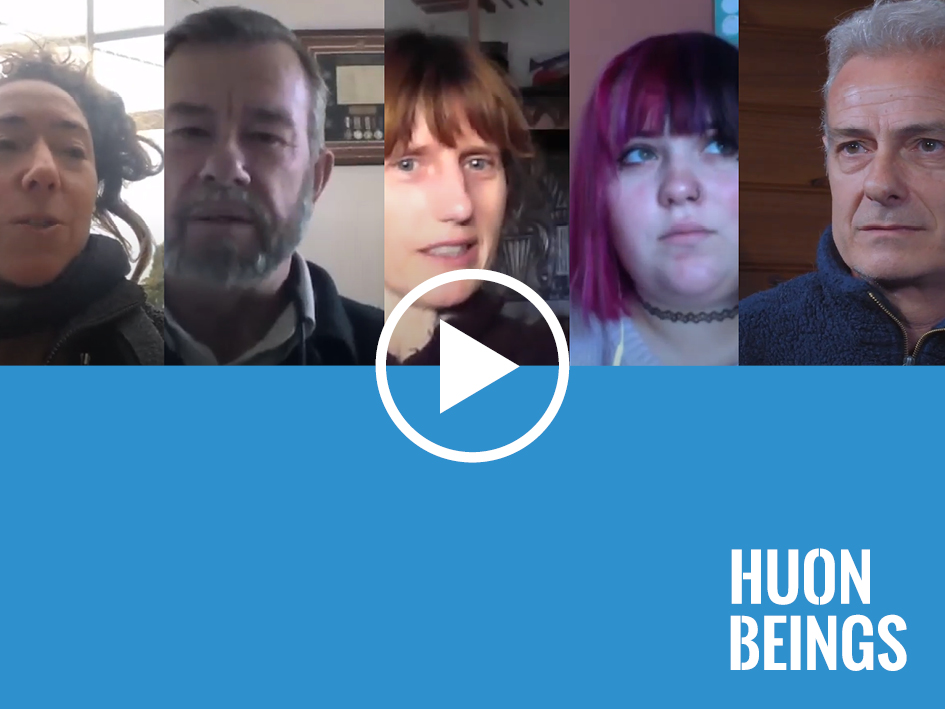 A collage of five people in individual frames is shown above a blue background. A white play button is centered over the video thumbnail. Text on the blue section reads, HUON BEINGS.