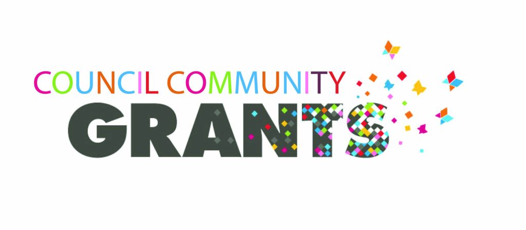 The image features the words COUNCIL COMMUNITY GRANTS with a vibrant and colorful design. The word GRANTS is in bold, dark letters decorated with multicolored geometric shapes.