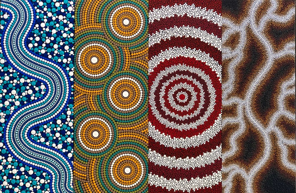 A vibrant Aboriginal dot painting featuring four vertical panels with distinct patterns: blue wavy lines, yellow circles, red concentric rings, and white blurred organic shapes, each filled with intricate colored dots.