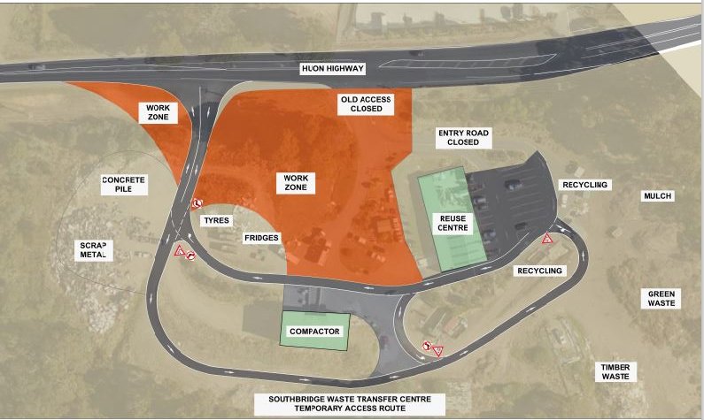 A map of Southbridge Waste Transfer Centre showing work zones in orange, temporary access routes, and various areas for recycling, tyres, scrap metal, timber waste, green waste, and mulch. Entry road is closed, with old access closed.