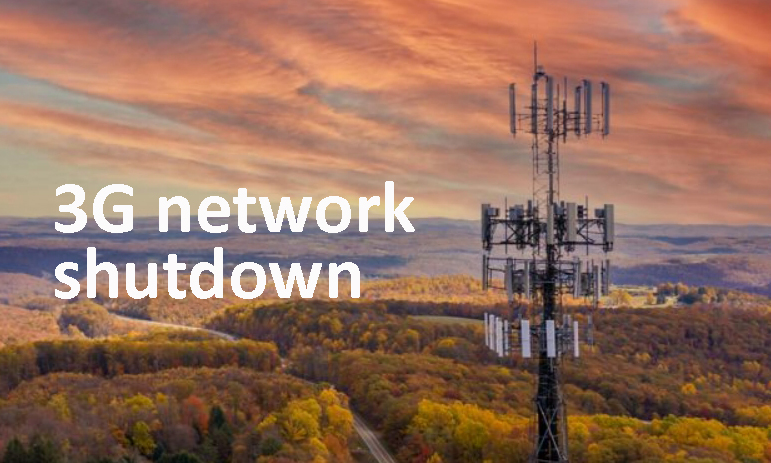 A cell tower stands against a dramatic orange sky at sunset, overlooking a vast scenic landscape of autumn trees. The text 3G network shutdown is prominently displayed on the image.