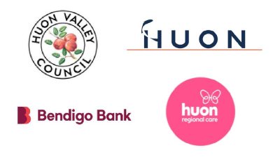 Logos of various organizations: Huon Valley Council with apples, Huon with stylized text, Bendigo Bank with maroon text and B symbol, and Huon Regional Care with a pink circle and butterfly design.