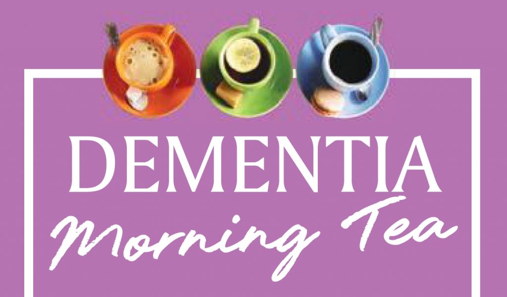 Three cups of coffee and tea in orange, green, and blue saucers on a purple background. Text reads Dementia Morning Tea in white letters.