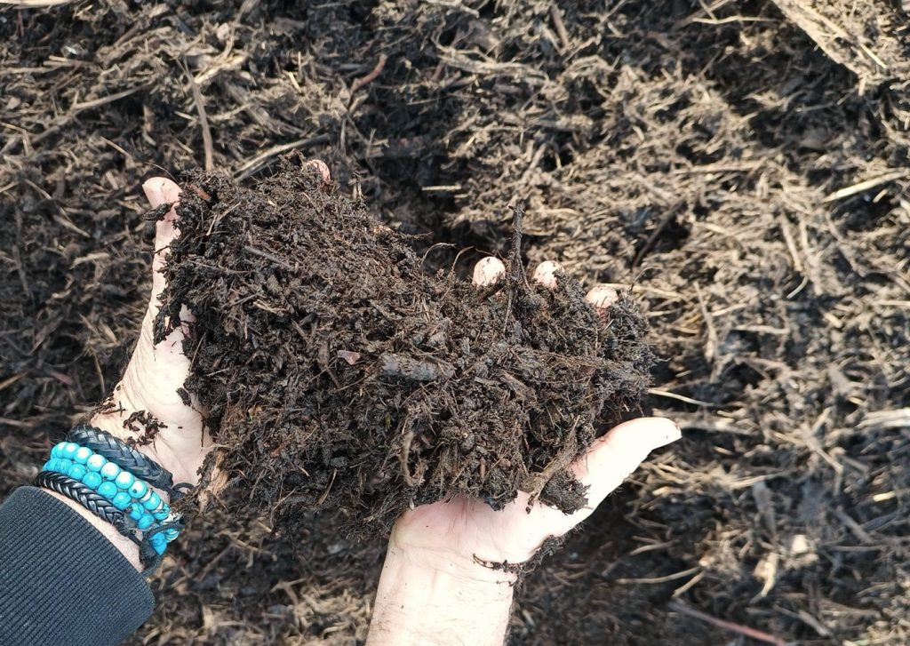 Hands holding a pile of rich, dark compost with a background of more compost, highlighting the texture and organic material. The person is wearing a beaded bracelet.