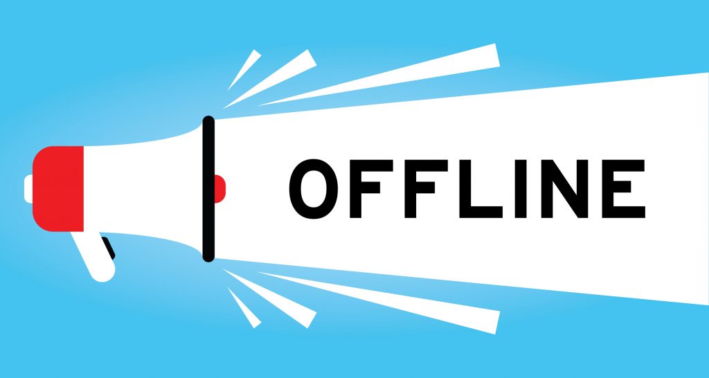 Illustration of a red and white megaphone projecting the word OFFLINE in bold black letters on a blue background with white accents suggesting sound or movement.