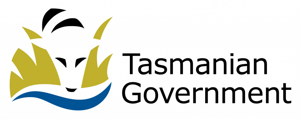 Logo of the Tasmanian Government. It features a stylized Tasmanian tiger head in yellow, black, and white, above blue waves, with the text Tasmanian Government on the right.