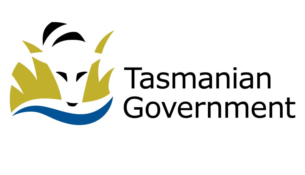 Logo of the Tasmanian Government featuring a stylized Tasmanian tiger face with abstract grass elements and a blue wave. Text reads Tasmanian Government.