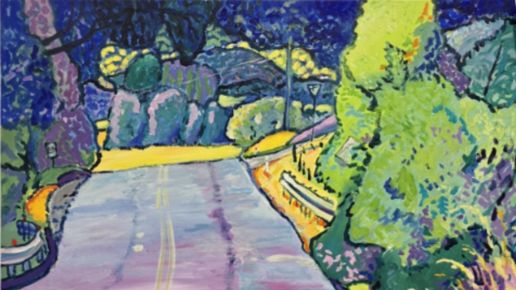 A colorful painting of a winding road flanked by green and purple trees, with vibrant yellow highlights and curving white guardrails, under a deep blue sky.
