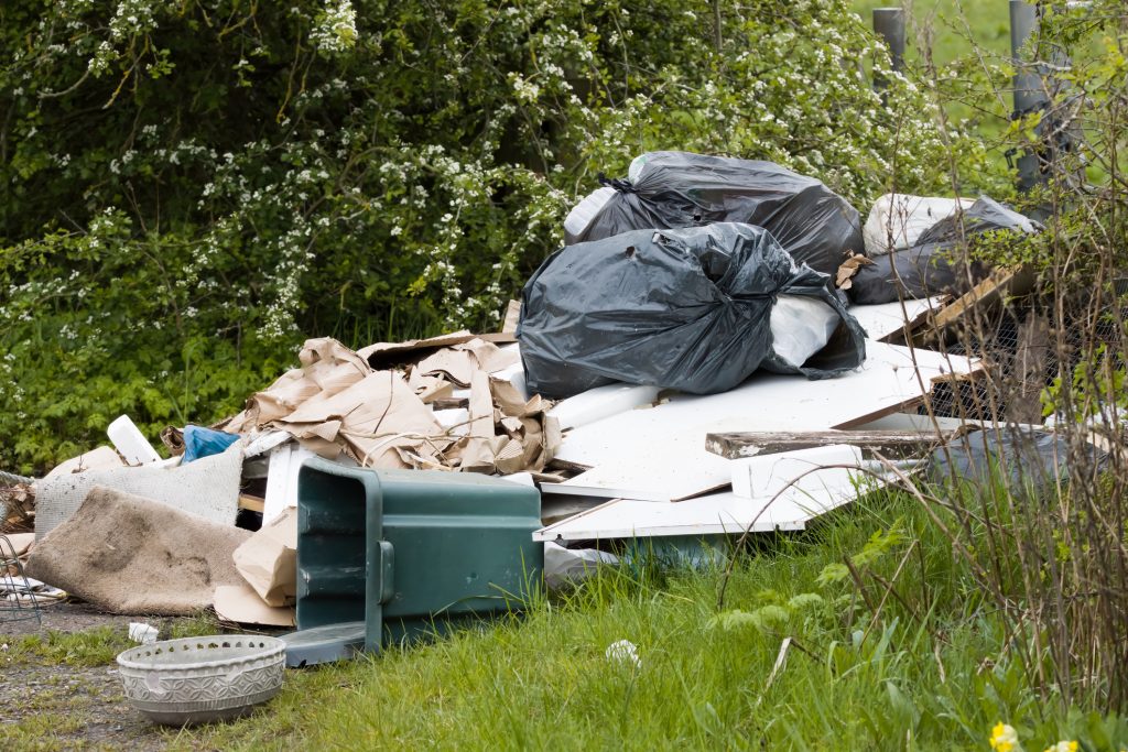 A pile of mixed garbage, including black trash bags, cardboard, and debris, lies discarded near bushes and grass. An overturned green trash bin and a metal bowl are in the foreground.