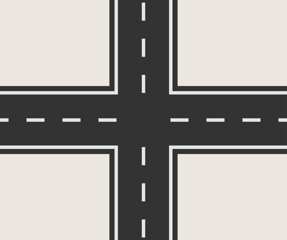 Aerial view of a four-way intersection with black roads, white dashed lane dividers, and solid white borders, set against an off-white background. The roads form a plus sign shape.