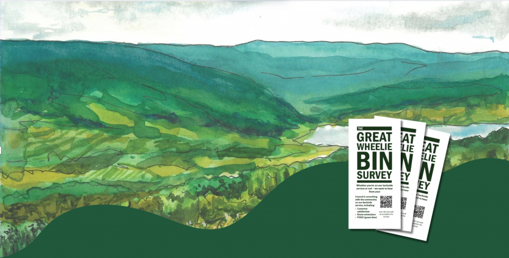 Illustrated landscape of green mountains and a river under a cloudy sky. In the foreground, three leaflets titled Great Wheelie Bin Survey are placed on a dark green wave shape.