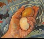 A painted hand holds a brown egg and a white egg, with abstract images of chickens and a cat in the background.