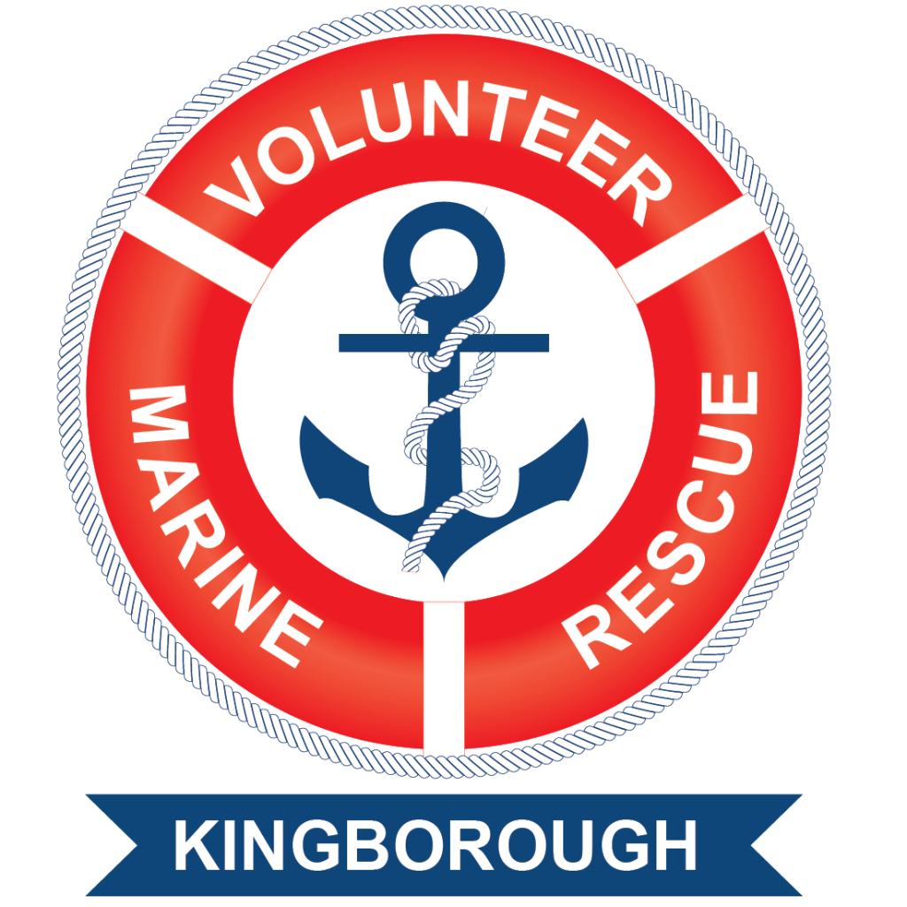 A red and white lifebuoy with an anchor and rope in the center. The lifebuoy reads VOLUNTEER MARINE RESCUE. A blue banner below says KINGBOROUGH.