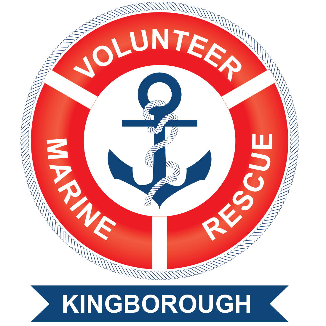 A red and white lifebuoy with an anchor and rope in the center. The lifebuoy reads VOLUNTEER MARINE RESCUE. A blue banner below says KINGBOROUGH.