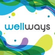 The image features the word wellways in lowercase letters, with well in blue and ways in gray, surrounded by colorful abstract shapes in blue, green, and yellow on a white background.