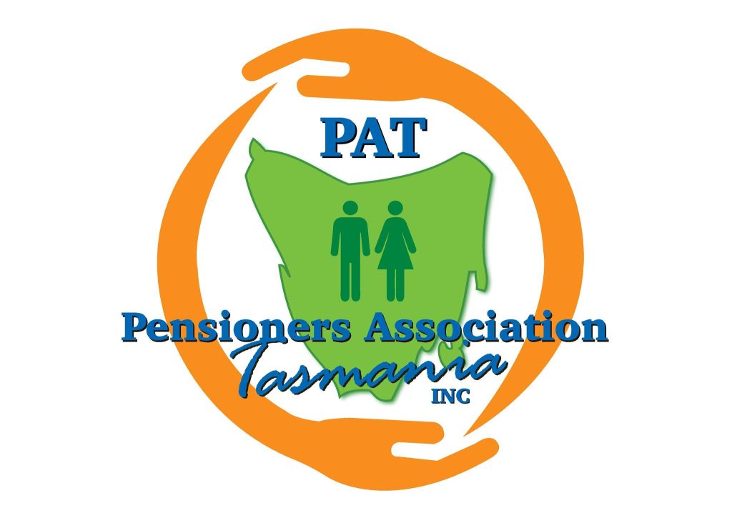 Logo of the Pensioners Association Tasmania with two orange hands forming a circle around a green map of Tasmania, featuring blue text and icons of a man and woman.
