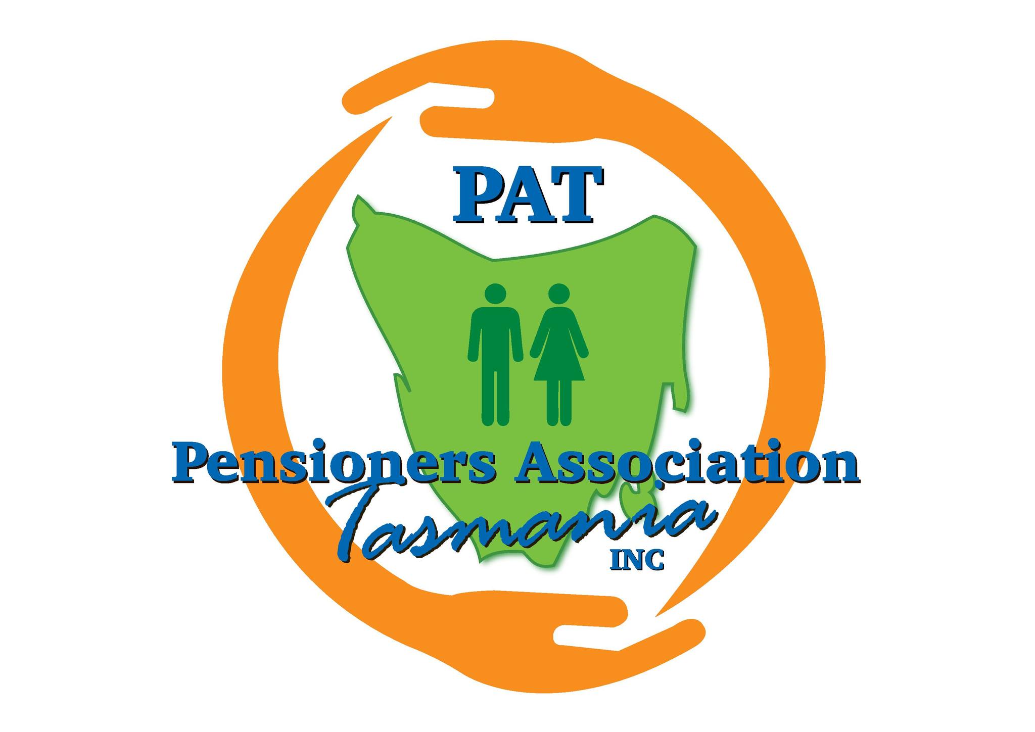 Logo of the Pensioners Association Tasmania with two orange hands forming a circle around a green map of Tasmania, featuring blue text and icons of a man and woman.