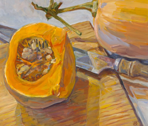 A painting of a halved pumpkin showing seeds next to a whole pumpkin and a knife on a wooden surface, with expressive brushstrokes and warm colors.