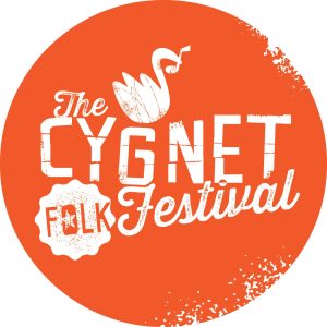 Orange circular logo with a white illustration of a swan above the text “The Cygnet Folk Festival.” The word Folk is inside a badge-like shape, and the text has a distressed, rustic style.