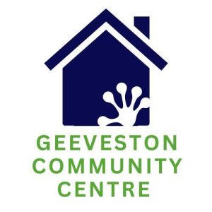 Logo of Geeveston Community Centre featuring a stylized blue house with a white frog silhouette in one corner, and the center’s name written below in green uppercase letters.