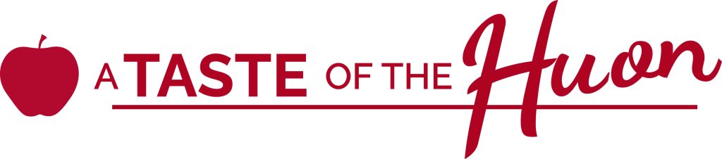Red logo with an apple icon on the left, followed by the words A Taste of the Huon in bold and script fonts, separated by a horizontal line underneath.