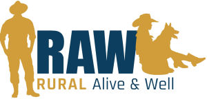 Logo with RAW RURAL Alive & Well. Silhouettes show a standing person in a hat and a person sitting with a dog, both in gold color.