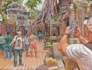A colorful painting depicts tourists exploring ancient stone ruins overgrown with tree roots. One person in the foreground takes a photo with a smartphone, while others pose and walk around the weathered, green-tinted structures.