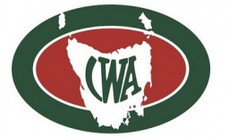 Logo with a green oval border, a red inner oval, and the white outline of Tasmania in the center. The letters CWA are overlaid in green within the Tasmania shape.