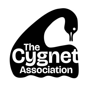 Black and white logo of The Cygnet Association featuring the silhouette of a swan with its head bent down, forming an arch over the text.