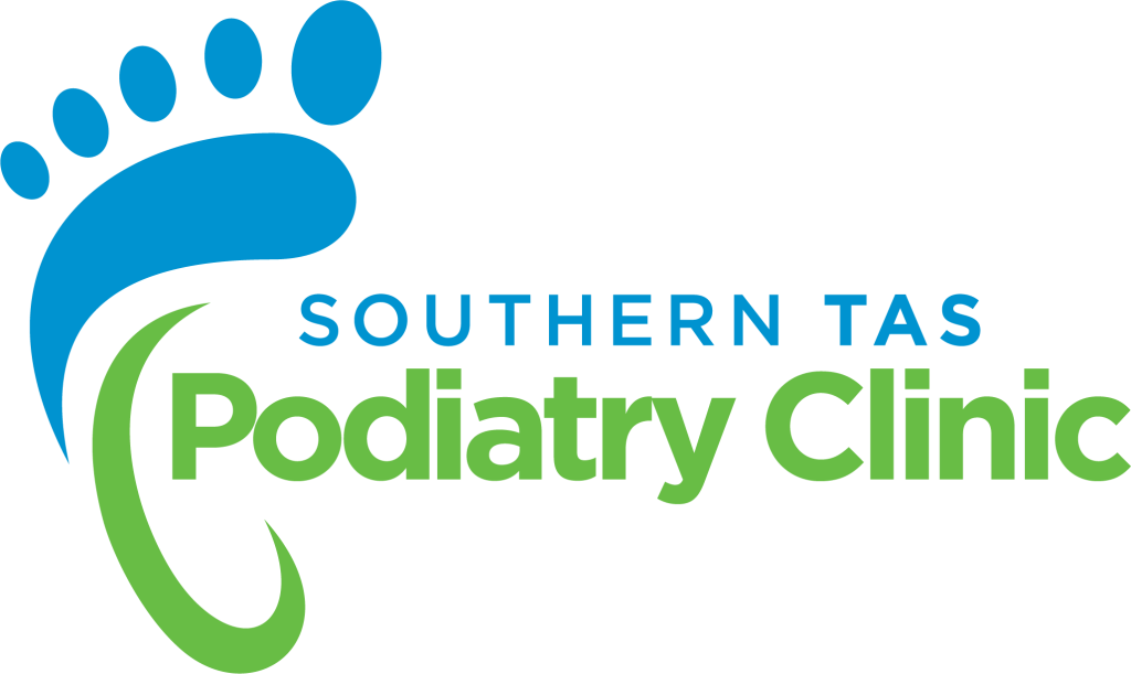 Logo for Southern TAS Podiatry Clinic, featuring a blue stylized foot graphic and green curved line, with the clinic name in blue and green text on a white background.