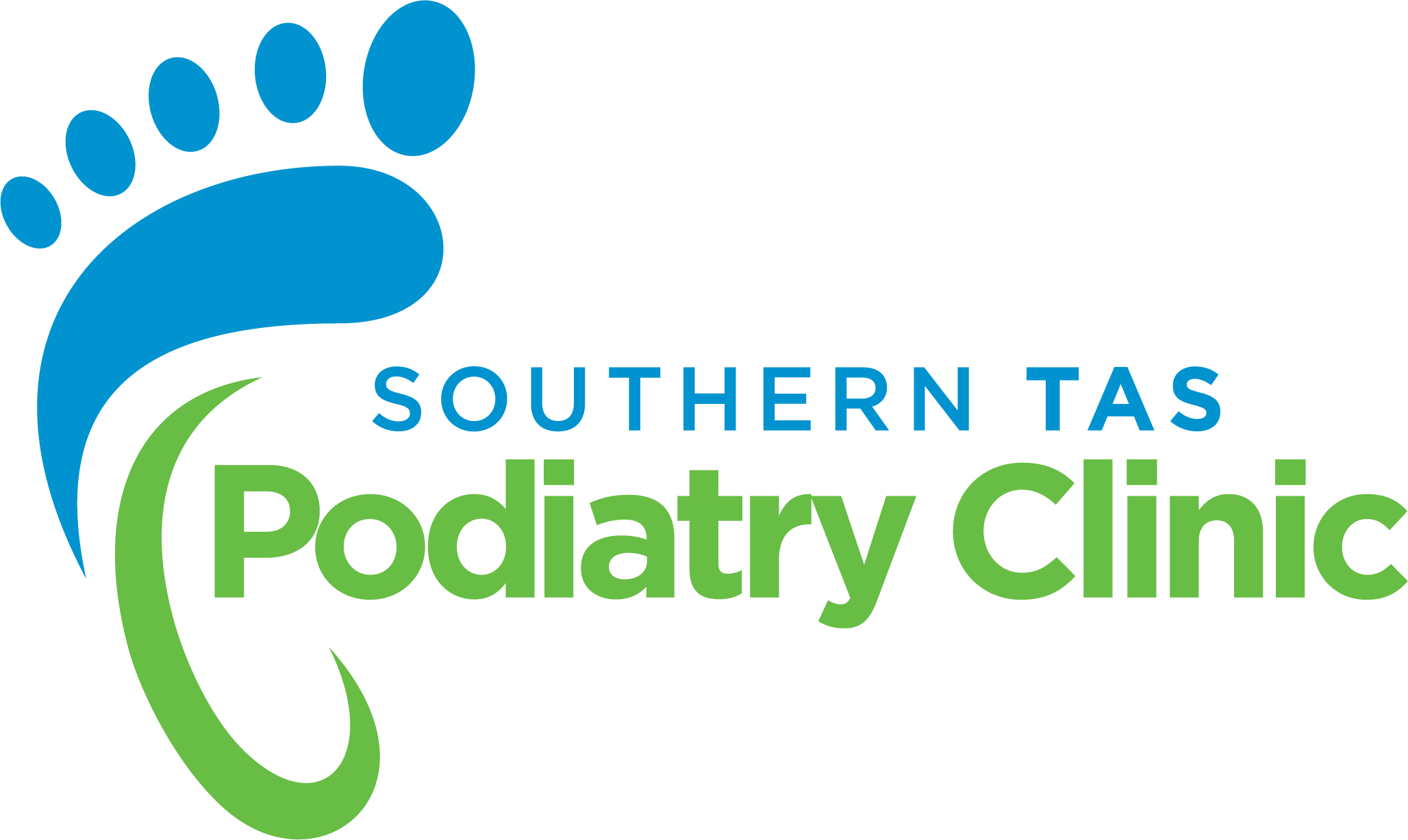 Logo for Southern TAS Podiatry Clinic, featuring a blue stylized foot graphic and green curved line, with the clinic name in blue and green text on a white background.