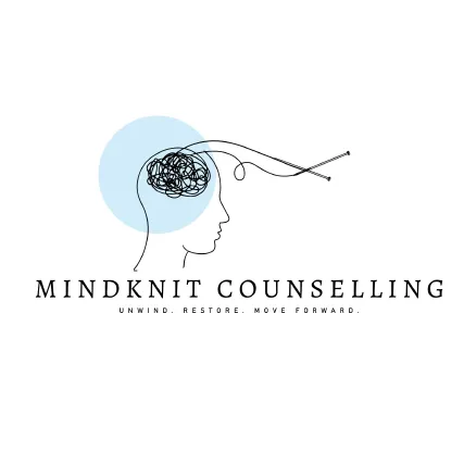 Logo for MindKnit Counselling shows a head outline with tangled lines representing the brain, being unraveled by knitting needles. Blue circle background. Text reads: MindKnit Counselling – Unwind. Restore. Move Forward.
