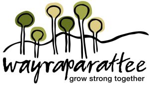 Logo with five stylized green and beige trees above the text wayraparattee in script and grow strong together in print below.