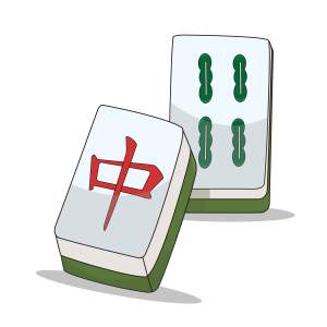 Two mahjong tiles: one with a red Chinese character and the other with four green bamboo sticks, both standing upright on a white surface with soft shadows.
