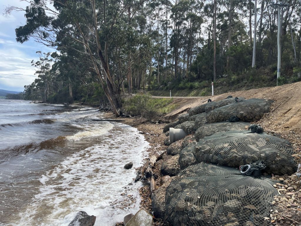 Large mesh-covered rocks line a shoreline beside a forested area and a narrow road. Waves from the water reach the rocks, and tall trees stand in the background under a partly cloudy sky.