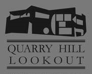 Black silhouette of an abstract building above the words “Quarry Hill Lookout” in uppercase letters, with two horizontal lines above and below the text, all on a gray background.