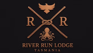 A logo with a rope knot, an eagle on top, an octopus below, the letters R R on each side, and the text River Run Lodge Tasmania underneath on a dark background.
