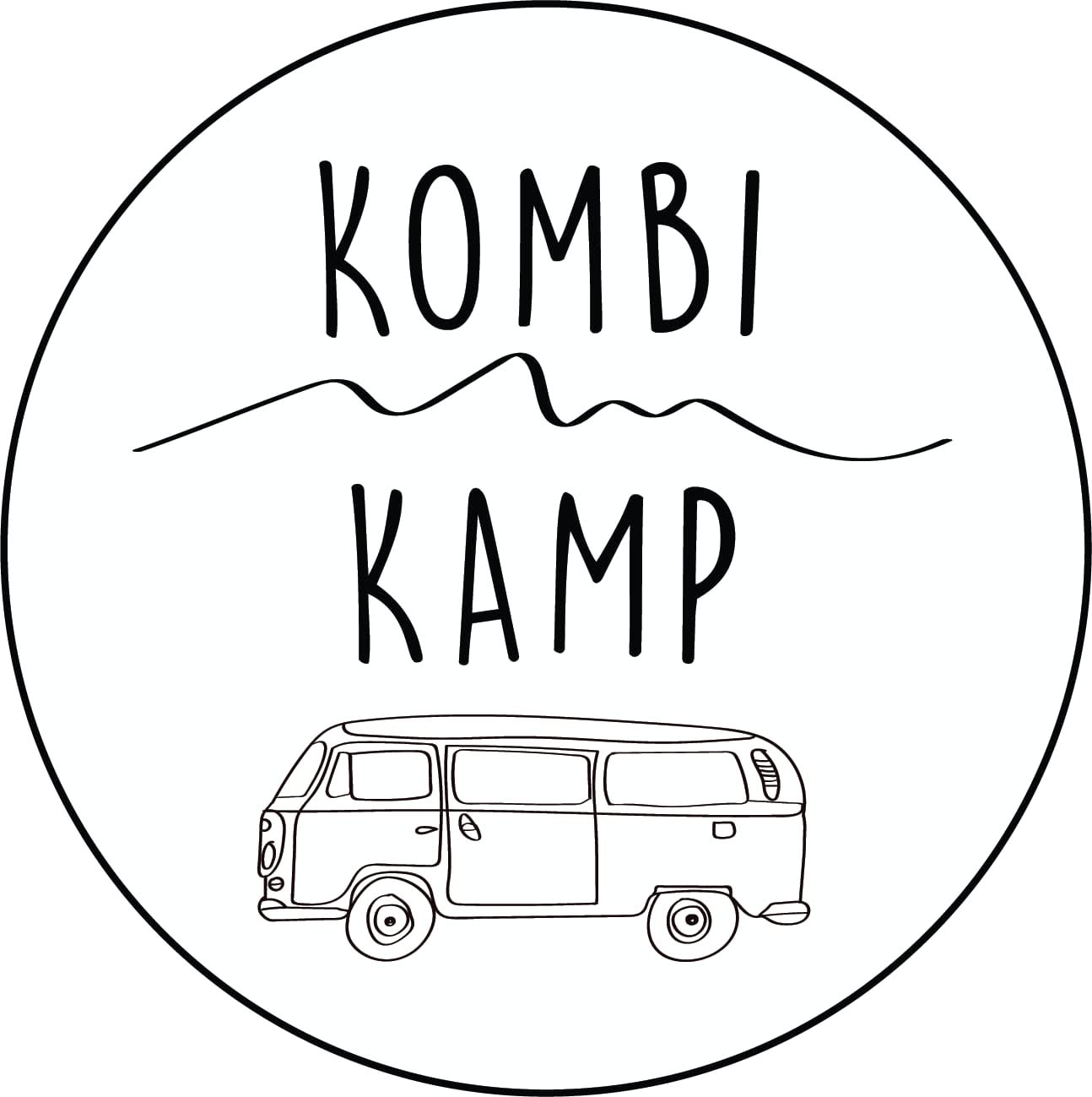 A circular logo with the words KOMBI KAMP, a wavy line in the middle, and a simple illustration of a classic van at the bottom.