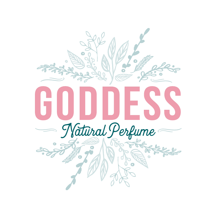 GODDESS Natural Perfume text with GODDESS in large pink letters and Natural Perfume in elegant teal script, surrounded by light blue botanical illustrations on a white background.