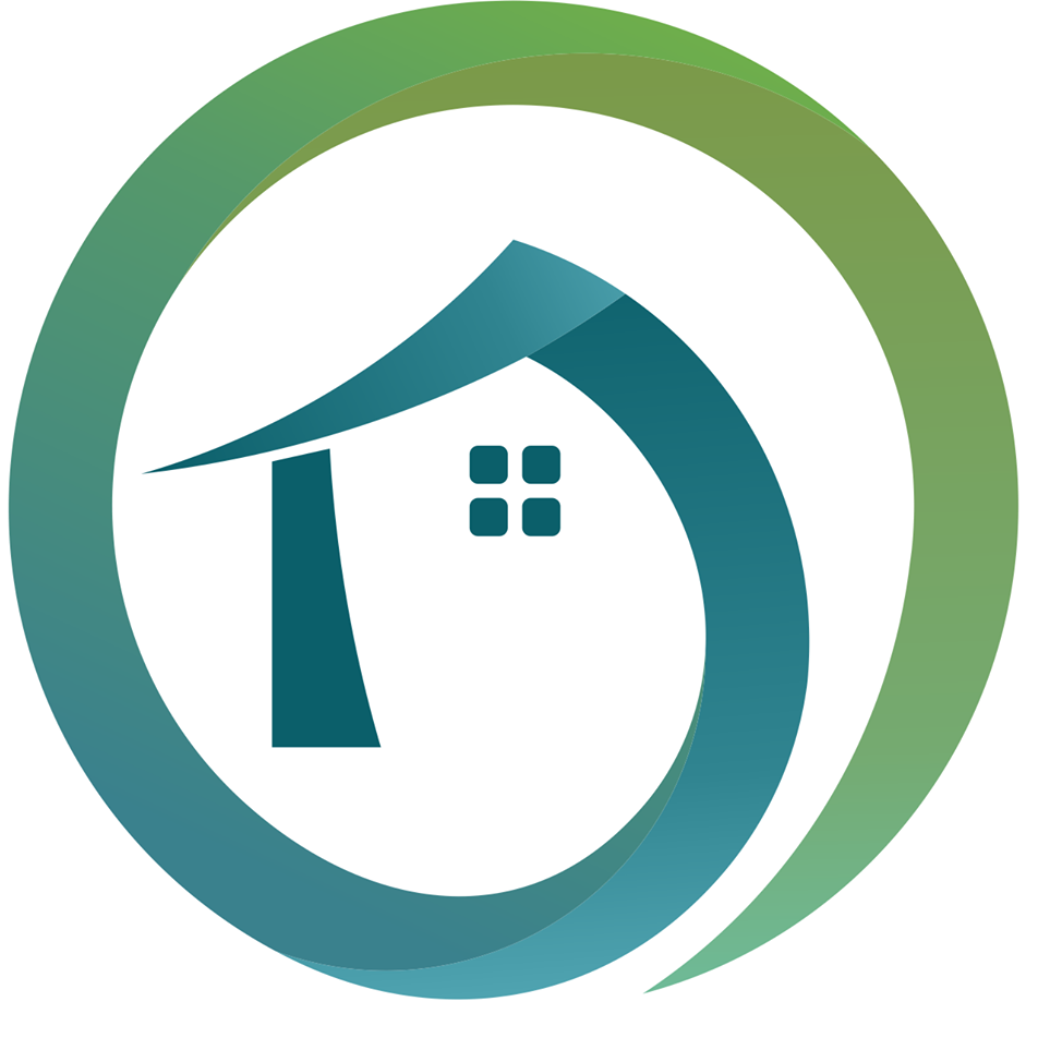 A stylized house with a curved roof and four-square window is enclosed by two overlapping, gradient green and blue circular arcs.
