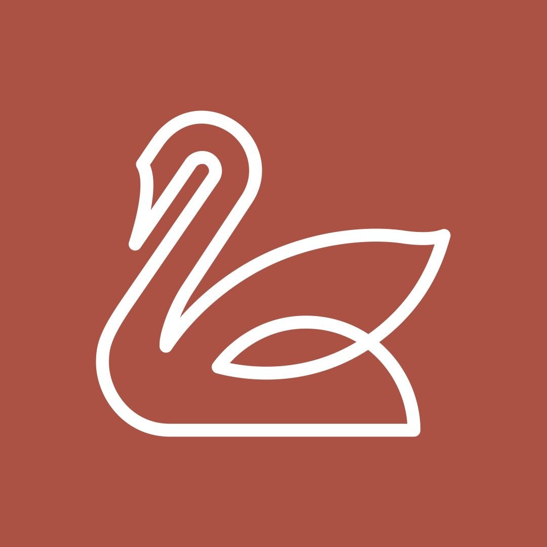 A white, minimalist outline of a swan on a solid reddish-brown background.
