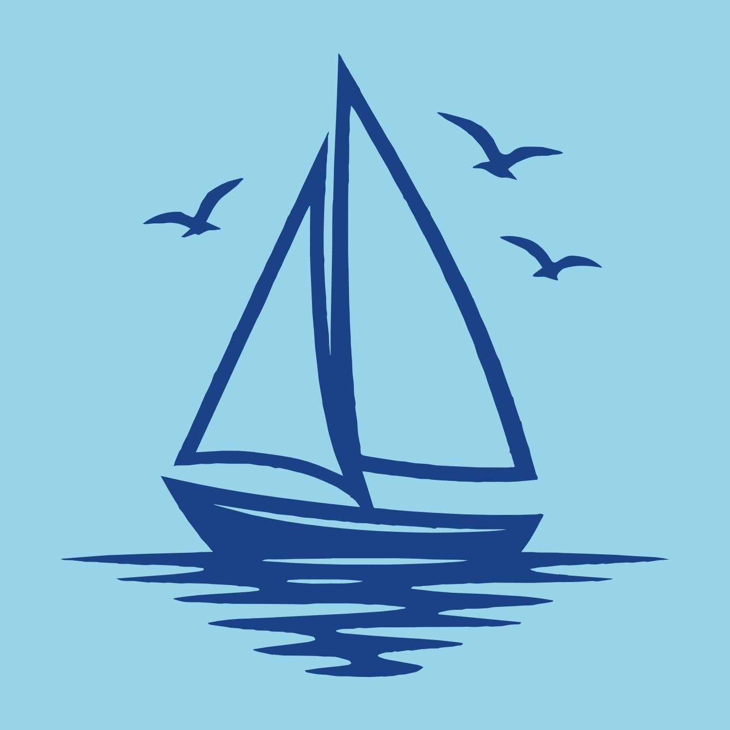 Simple blue illustration of a sailboat on water with three birds flying above, all set against a light blue background.