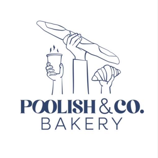 Logo for Poolish & Co. Bakery featuring three outlined hands holding a baguette, a cup, and a croissant above the bakery name in bold, elegant lettering on a white background.
