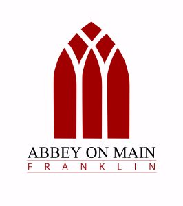 A red, abstract arched window graphic above the words ABBEY ON MAIN in black and FRANKLIN in red, all on a white background.