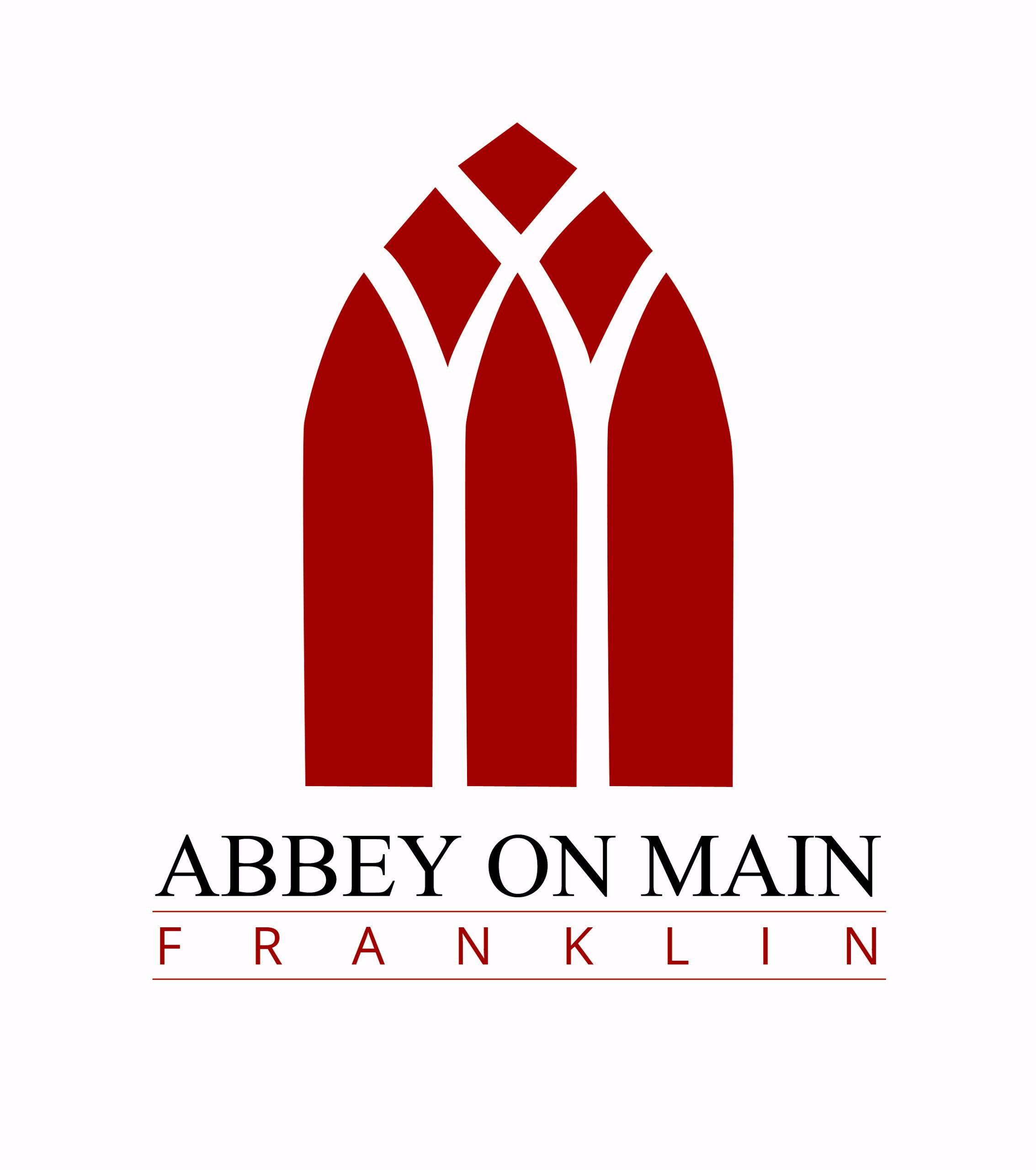 A stylized red cathedral window design above the text Abbey on Main in black, with Franklin in red capital letters beneath, all on a white background.